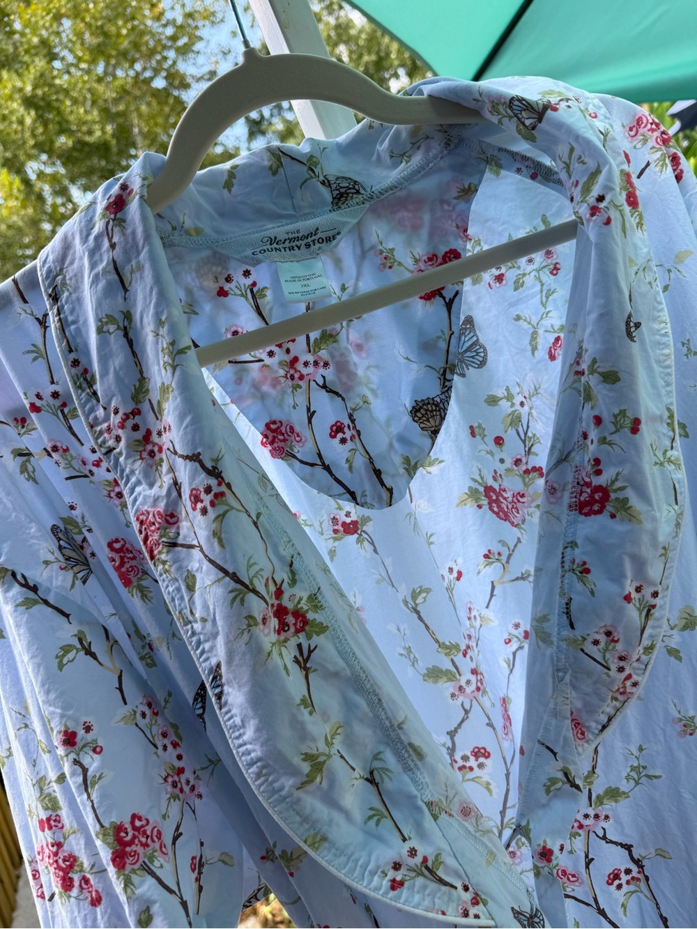 Vermont Country Store Women's Floral Cotton Robe - Light Blue with Pink Print 3X